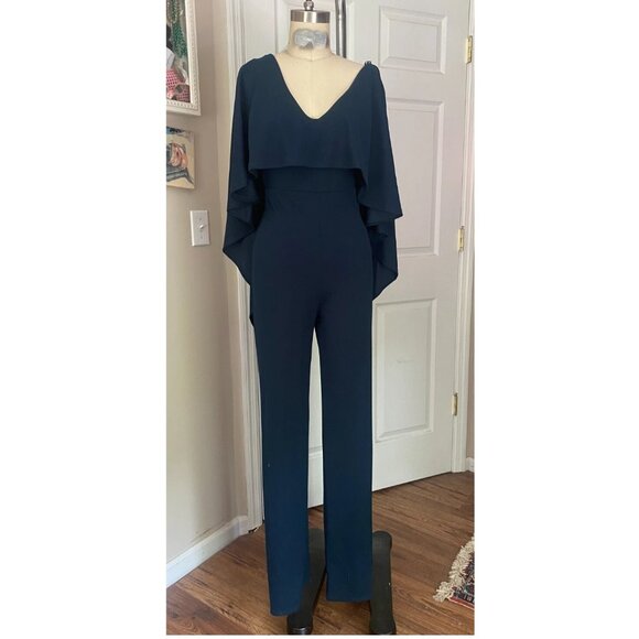 FOREVER 21 Teal RUFFLE trim V Front LOW back Cocktail JUMPSUIT Romper *SMALL* - Picture 1 of 6